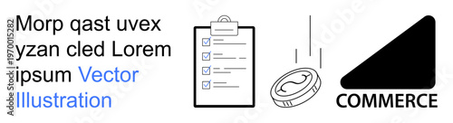 Business process management, financial planning, e-commerce, online transactions, task tracking, money systems. Key elements include a checklist, falling coin and commerce icon. Business process