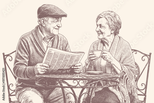 Vector engraving illustration of a happy elderly couple sitting at a cafe table, man reading newspaper while woman enjoys coffee, warm retro style.
