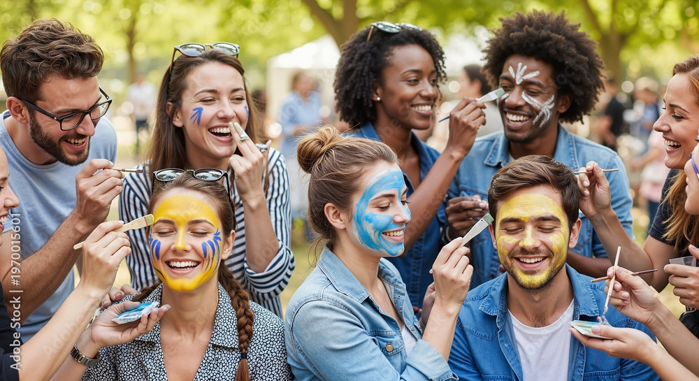 Obraz premium Group of young friends painting their faces with bright colors outdoors 