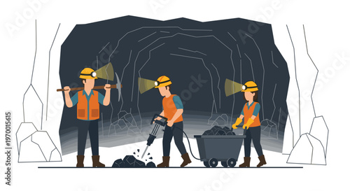 Three miners with hard hats and safety vests work inside a dark cave extracting coal.