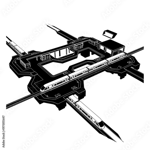 Futuristic Train Station Design with High-Speed Trains in Black and White.
