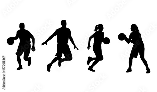 Basketball silhouettes set with male and female players dribbling running jumping isolated on white background sports vector collection