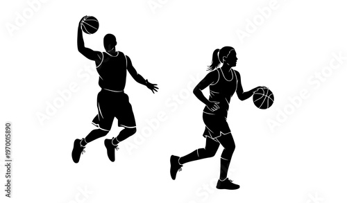 Basketball player dunking and running woman dribbling ball silhouettes isolated on white background sports vector illustration