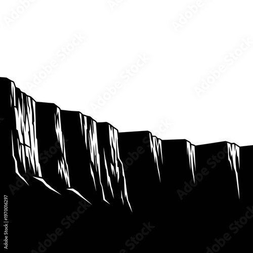 Monochrome Illustration of a Jagged Cliffside Against White Sky.