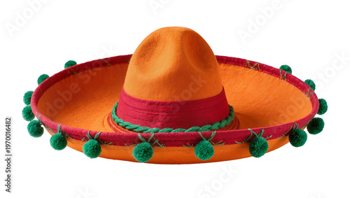 Obraz na płótnie Orange wide-brimmed sombrero red band green pom-poms, woven trim