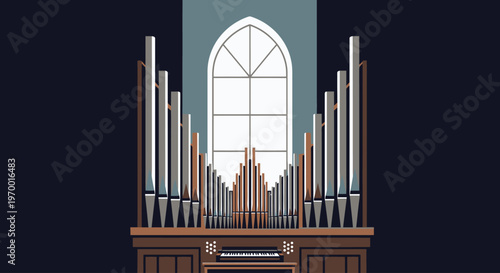 Pixel art pipe organ in front of a church window