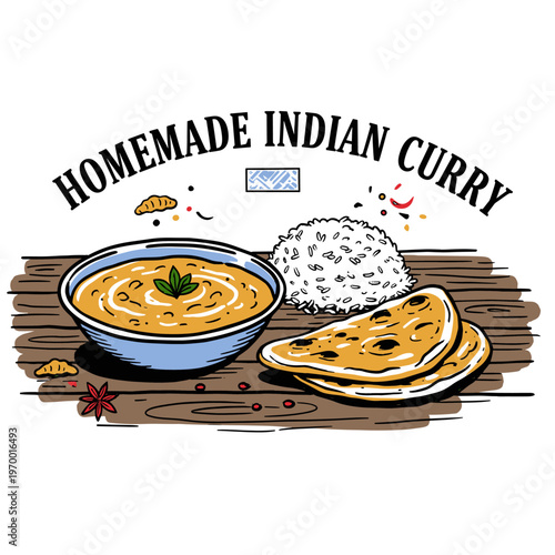 Homemade Indian curry artwork for t-shirt. Traditional food illustration. Spicy curry with rice and naan design. Vintage food artwork. Poster design.