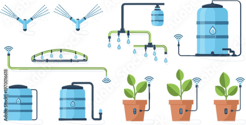 Smart irrigation system illustration with water tanks, sprinklers, IoT sensors and connected plants for automated farming and precision agriculture technology