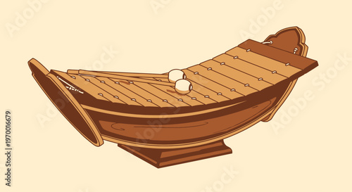 Vintage wooden boat on calm waters isolated on beige