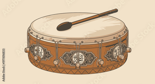 Vintage Bongo Drum with Drumstick on Cream Background
