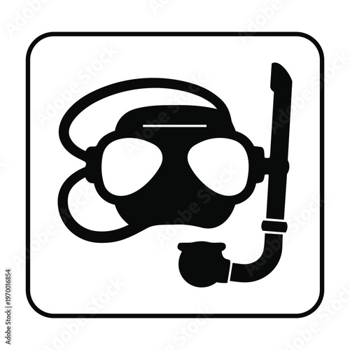 A black silhouette of a snorkeling mask with a breathing tube against a white background