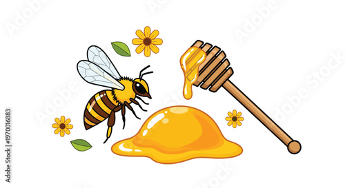 A large honeybee flies next to a golden honey puddle with a wooden dipper, surrounded by yellow flowers and green leaves.