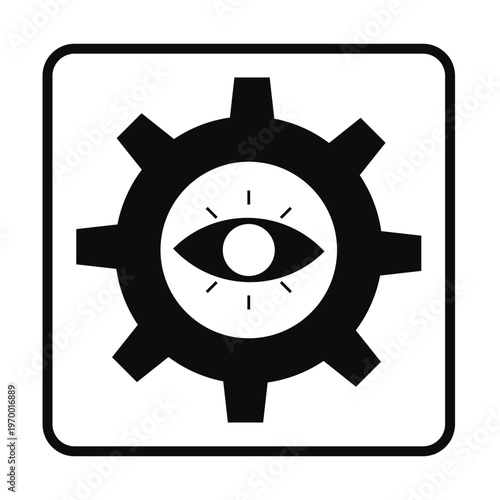 Abstract graphic symbol representing industrial surveillance or data monitoring with an eye inside a gear