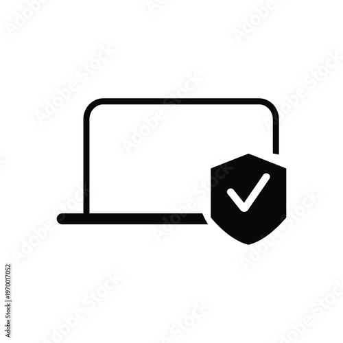 Simple black icon of a laptop with a security shield and checkmark isolated on transparent background