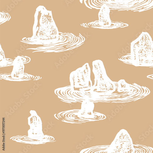 Seamless hand drawn Japanese zen garden pattern. Minimalist white woodcut style featuring rocks and raked sand ripples on a warm tan background. Serene, artisanal meditation aesthetic.
