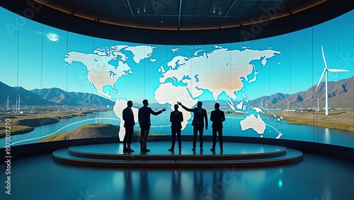 Professional Group of Silhouettes Discussing Globe Map in Modern Control Room