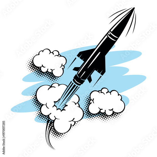 Combat missile flies upward in sky through clouds at high speed. Vector template on transparent background.