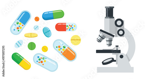 Various colorful pharmaceutical pills and capsules are scattered next to a grey and white microscope on a clean white background.