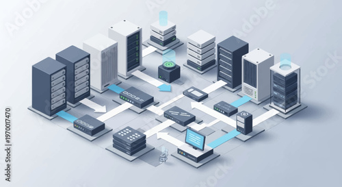 Isometric illustration of a connected cityscape with modern buildings and technology.