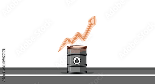 A grey oil barrel with a black oil drop symbol stands on a dark grey road with a white line, with a glowing orange upward arrow behind it.