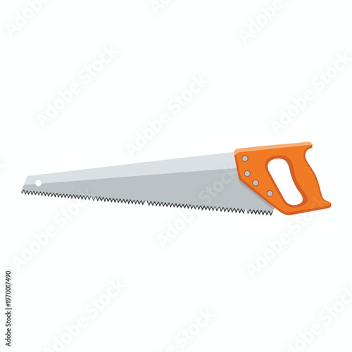 A hand saw with a silver blade and sharp teeth and an orange grip