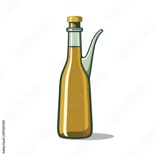 Tall glass bottle with curved spout filled with amber liquid and a stopper