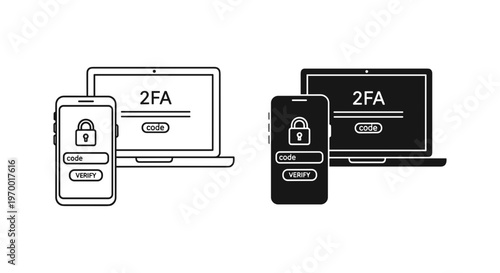 Two-factor authentication 2FA icons, laptop and smartphone security verification symbols, digital login protection vector set for cyber safety