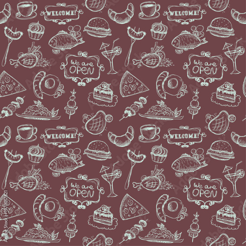 A seamless pattern illustration of various food and drink items on a maroon background