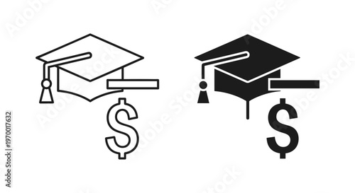 Educational loan icons with graduation cap and dollar sign, tuition cost symbols in outline and solid styles, academic funding vector elements