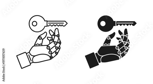 Robotic hand holding key vector icons, artificial intelligence security concept, cyborg arm with house key, black and white mechanical hand set