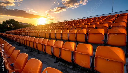 Empty stadium seating in rows, illuminated by a vibrant sunset