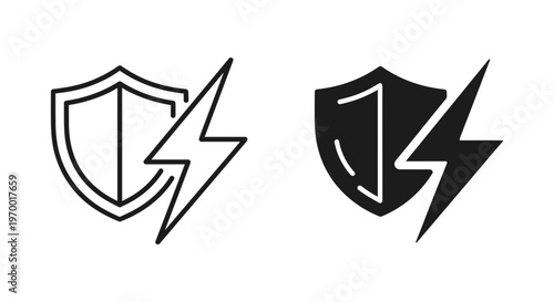 Surge protection icons with shield and lightning bolt, power surge safety symbols, electric voltage protection vector set in line and solid styles