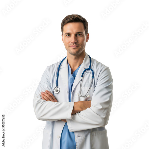 Professional male doctor standing confidently with arms crossed isolated on transparent background