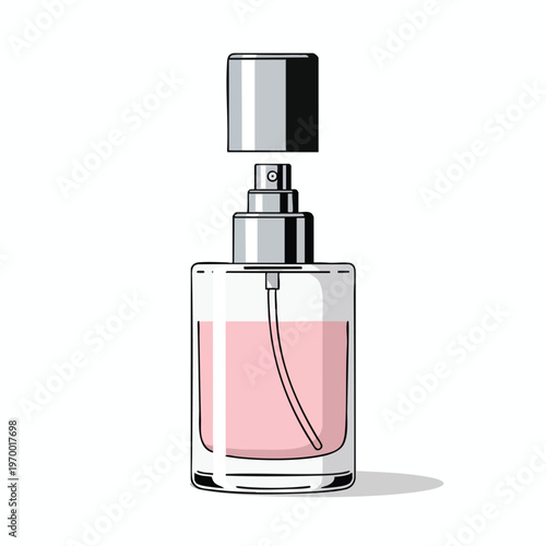 Clear glass spray bottle with pink liquid and open silver cap