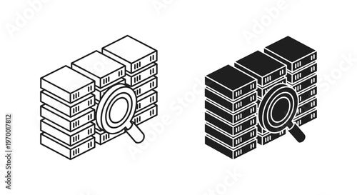 Isometric database search icons, data center server racks with magnifying glass, cloud storage analysis and information retrieval vector set