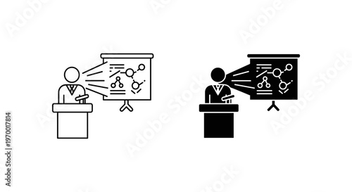 Business presentation icon set, professional speaker at podium with flipchart, corporate training and public speaking vector symbols in line and glyph style