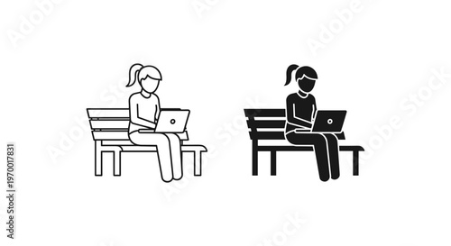 Minimalist woman working on laptop icon set, female freelancer sitting on park bench vector, remote work and digital nomad line art and silhouette