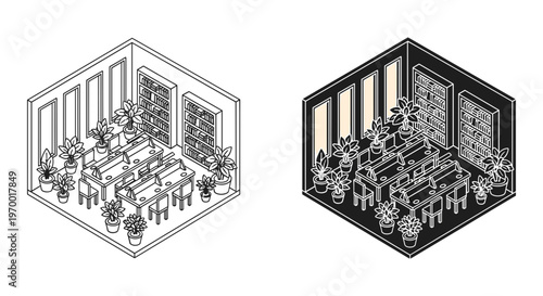 Isometric library interior vector set, modern study room with bookshelves and potted plants, minimalist coworking office space with desks and chairs