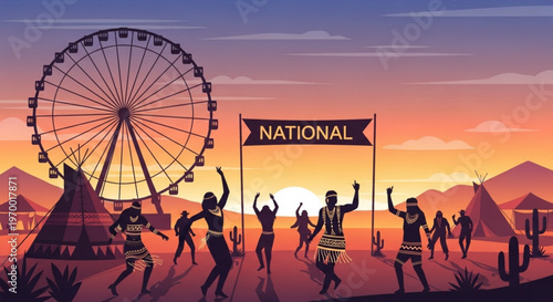 People dancing in traditional clothing at a national festival with a ferris wheel and teepees at sunset