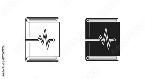 Medical book icon with heartbeat line, healthcare encyclopedia vector set, pulse rate on textbook cover, clinical study and nursing education symbols