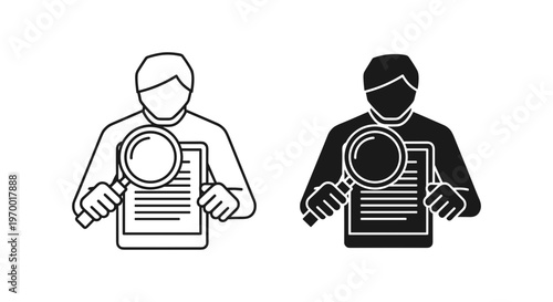 Minimalist auditor icon set, professional inspector holding magnifying glass over document, black and white line art vector of person reviewing data