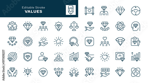 Values. Set of outline icons. Diamond, quality, success, achievement, gem, ideal, and more. Line icon in linear style. Vector collection	