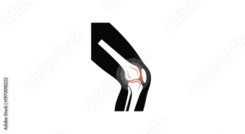 A black silhouette of a bent human leg displays a glowing orange and white knee joint on a white background.