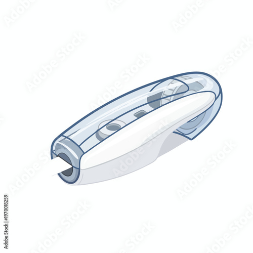 Sleek, white correction tape dispenser with transparent blue casing