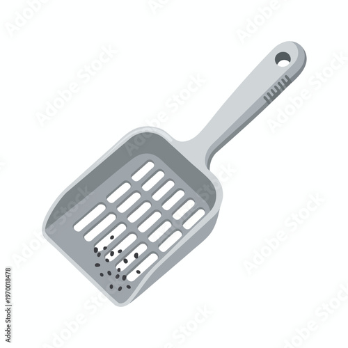 Grey plastic litter scoop with some waste collected in its perforated head