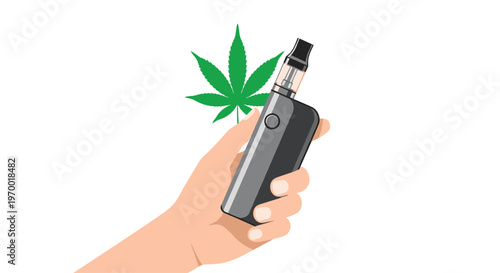 A human hand holds a dark gray vape device next to a green cannabis leaf on a white background.