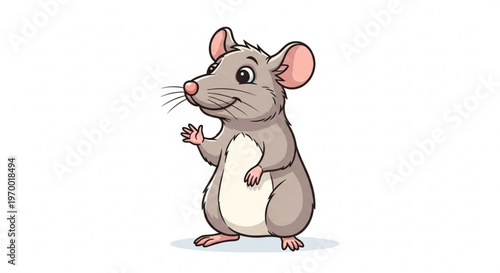 Cute cartoon mouse standing on hind legs with raised paw looking friendly and curious on white background