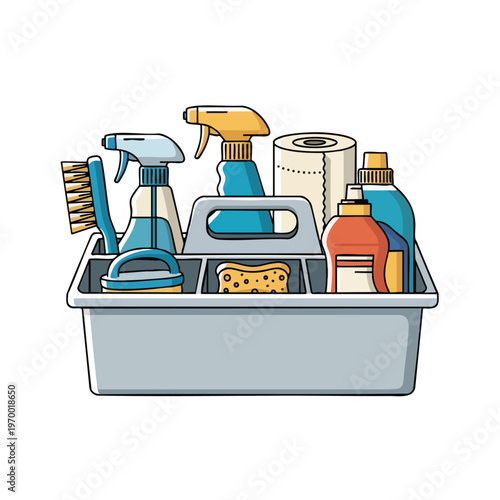 Cleaning caddy filled with various cleaning supplies, a sponge, and paper towels