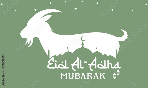 Green theme eid al adha mubarak poster featuring white goat silhouette and mosque architecture for religious celebration and islamic sacrifice festival vector illustration design for social media.