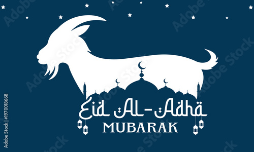 Night theme eid al adha mubarak greeting card with white goat silhouette and mosque architecture on dark blue background for islamic sacrificial celebration and holiday vector illustration design.